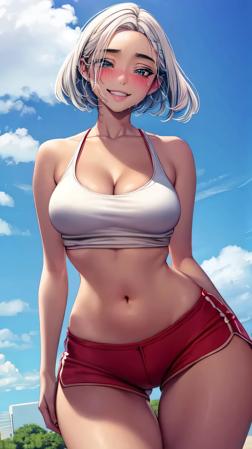 score_9, score_8_up, score_7_up, score_6_up, score_5_up, score_4_up, (8k, RAW photo, best quality, masterpiece:1.2), front view detailed body, long belly, big , Slender body, tight body , thicc ,medium breast , long thighs, muscular woman, Somidef, white hair, yellow eyes, short hair, dark-skinned female
1girl, solo, large breasts, beautiful legs 1girl, solo, looking at viewer, tank top, bare shoulders, collarbone, underboob, dolphin shorts, day, outdoors , walking, city, looking at viewer, cowboy shot , Cleavage, navel, fullbody , armpit, balck stocking