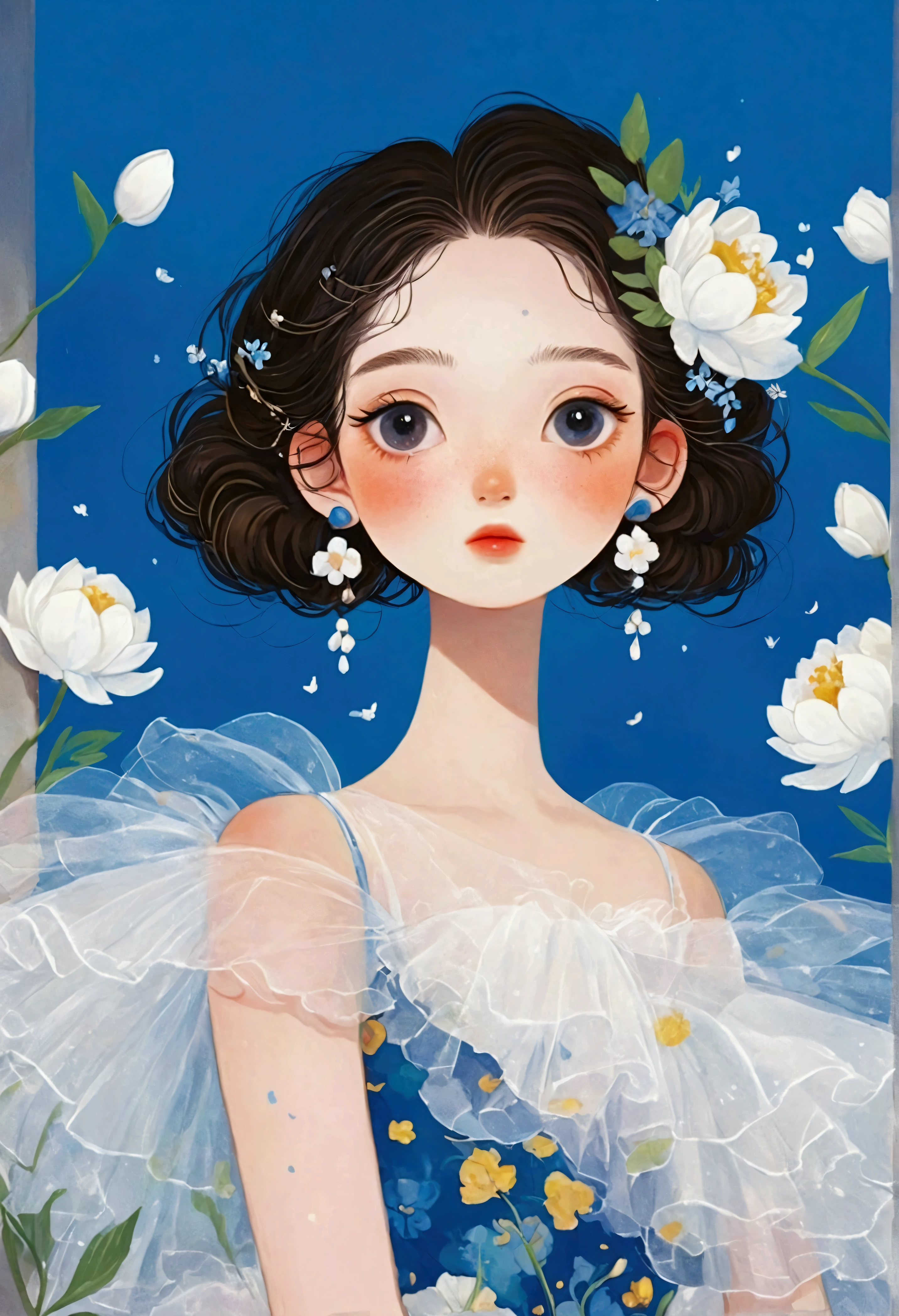 服装设计illustration，The painting shows a girl in a dress，Fluffy tulle skirt，White Tulle Skirt - Fluffy - Multi-layered，Dress inspired by flowers - flower shape， Popular trends on artstration, 一幅美丽的艺术illustration, Beautiful digital illustrations, 彩色illustration, author：Golden Farmer, 详细的时装illustration, Porcelain skin. Studio Ghibli, illustration, Mei Qing, 创辉illustration, Fantasy illustrations, author：unbelievable，Blue Background，White Cloud
