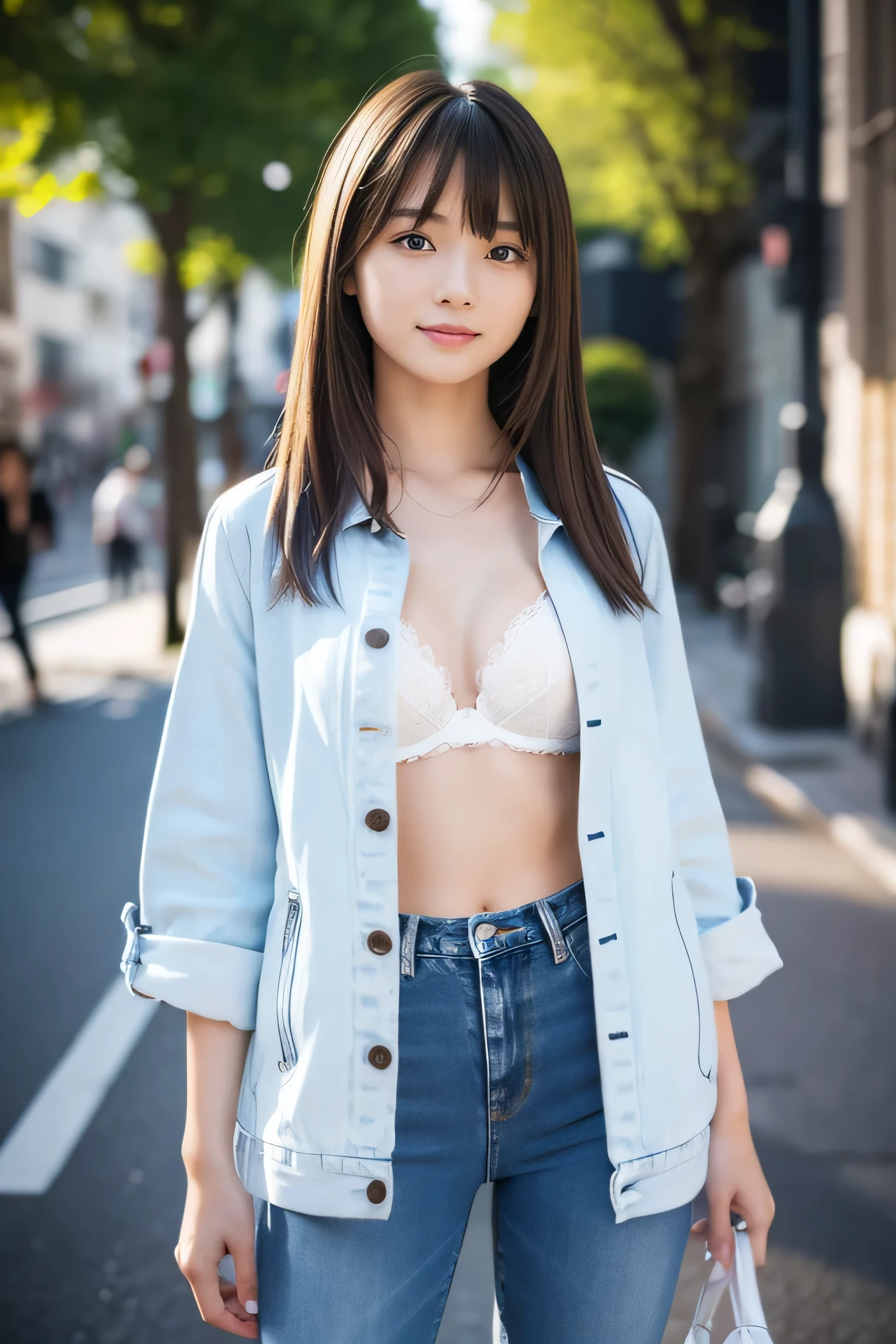 young japanese female model, 20 years old, short height, long brunette hair, bangs hairstyle, blue eyes, 8k resolution, highly detailed, hair ribbon, wearing white bra with short denim jacket and blue skinny jeans, white sneakers, full body shot, light smile, Hyperrealism, cinematic lighting, bokeh, masterpiece, UHD, textured skin, super detail, high details, high quality, award winning, best quality, highres, 16k