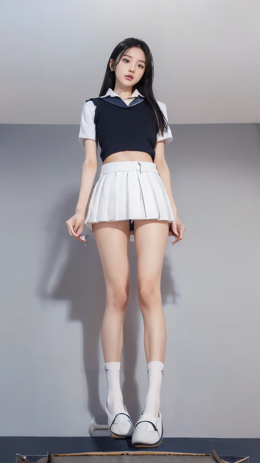 ((masterpiece)),(((最high quality))),High school girls,((((((Photograph the whole body from knee height:1.9)))))),((((((脚を揃えてStand up straight:1.9)))))),(((Thin thighs:1.2))),(((Long legs:1.5))),(((Girl standing in a school classroom:1.8))),(((Micro mini skirt student uniform:1.6))),((tall:1.8)),(((夏用の学生制服を着た日本のHigh school girls:1.8))),((スリムなModel body type:1.5)),((Thin legs:1.6)),((Wearing a white short-sleeved student uniform shirt:1.3)),（(((Navy blue checked  with micro skirt:1.5)))),(((Age is :1.5))),bangs,A small smile,((cute女の子)),Slender girl,((((Black Loafers:1.7)))),(((((Short white socks that reach to the ankles:1.3))))),cute,((The thigh area below the groin is slim and firm)),cute,(Black hair ponytail),(Thin legs),(スリムなModel body type),Very small waist,(Small hips),Long thighs,Thin thighs,Thin hands,Long hands,((((Photograph the whole body from below:1.5)))),(((((k-popのIVEのWONYOUNGにそっくりの女の子:1.9))))),(((((Keep your whole body straight back:1.8))))),((((Only face forward:1.8))))((((Stick your butt out a little:1.6)))),((((((White panties visible from under a miniskirt:1.9)))))),(((Clearly detailed groin area:1.4))),(((Reproduce the buttocks in clear detail:1.4))),(((The panties fit her body perfectly, so the contours of her body are clearly reproduced in minute detail.:1.4))),((tall:1.4)),(Stand with your legs straight and without bending your knees:1.7),((Stand up straight:1.9)),((Turning your hips back:1.7)),The ankles are super thin,beauty,Fine skin,Firm Skin,引き締まったThin legsの肌を細部までリアルに再現,Very detailed, Attention to detail,high quality,Awards,High resolution,(Anatomically correct:1.3),(8k,RAW Photos,最high quality,masterpiece:1.5),(((女の子をPhotograthe whole body from below:1.5))),Height 173cm,((脚を揃えてStand up straight:1.8)),((脚を揃えてStand up straight:1.8)),(((Keep your back straight:1.8))),((look forward to:1.2)),9頭身beauty,Model body type,((Inseam is half the height:1.5)),(Thin thighs),((k-popのIVEのWONYOUNGにそっくりの女の子:1.5)),RAW Photos,Firm Skin,Fine skin,Well-toned muscular legs,Attention to detail,Vivid,Skin Texture,Genuineな皮膚感,Perfect composition,beautiful,Very detailed,High chroma,Genuine,eyeliner,eye shadow,High nose,Small nostrils,Small Mouth,Seductive lips,cute,((((In the classroom, you can see desks and a blackboard.:1.8)))),(((Revealing school uniform:1.4))),(((Red tie for high school uniform:1.7))),(((Shooting from the back of the classroom:1.5))),(((The desks are lined up:1.7))),(((High school girlsの全身を撮影:1.9)))