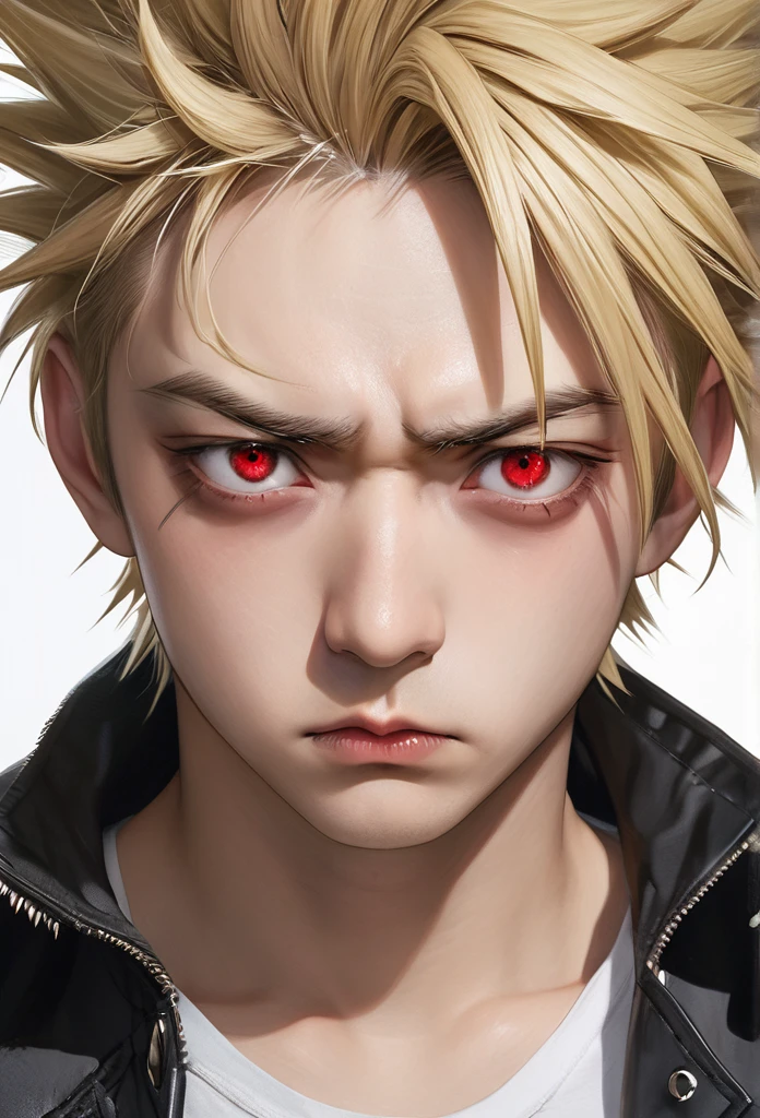 Realistic photos, RAW Photos, One man, masterpiece, Shortcuts, Blonde, Spiked Hair, Spiky Hair, Red eyes, Slanted Eyes, Three white eyes, Hanging eyes, Half-closed eyes, Bad mood, Simple Background,