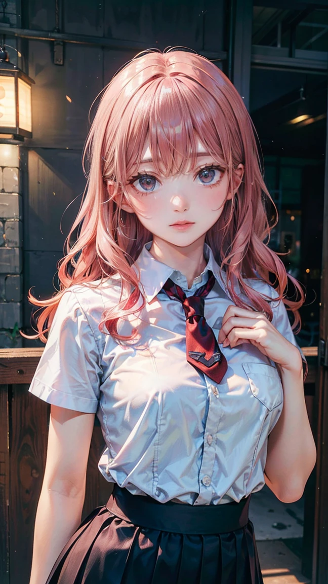 (masterpiece:1.2, Highest quality), (Realistic, photoRealistic:1.4), Beautiful illustrations, (Natural Side Lighting, Cinema Lighting), Browsing Caution, View your viewers, Face Focus, Upper Body, 1 girl, Japanese, high school girl, Perfect Face, Cute and symmetrical face, Glowing Skin, (Mid-length hair:0.8, Wavy Hair:1.2, Pink Hair), Swept-apart bangs, Red eyes, Long eyelashes, (Medium chest), thin, Beautiful Hair, Beautiful Face, Beautiful attention to detail, Beautiful clavicle, Beautiful body, Beautiful breasts, Beautiful thighs, Beautiful feet, Beautiful fingers, ((Detailed cloth texture, Short sleeved white collared shirt, Navy pleated mini skirt), Dark red tie), (Beautiful views), evening, (Outside school), Are standing, Reaching out, (Smile, Close one eye),