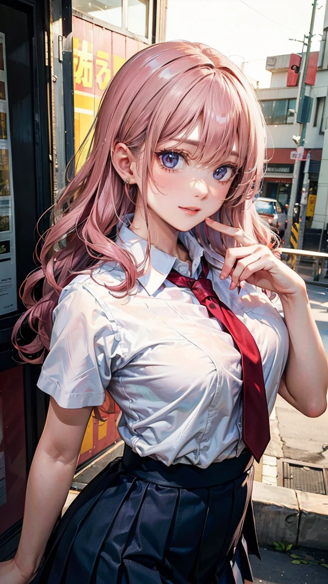 (Masterpiece, BestQuality:1.3), (ultra detailed:1.2), (hyperrealistic:1.3), (RAW photo:1.2), High detail RAW color photo, professional photograph, (Photorealistic:1.4), (realistic:1.4), (Pink Hair:1.5), professional lighting, perfect anatomy, (Big Breasts:1.2), (blush, detailed face), (cheerful Smile:1.5), Trending Hair&Trending Hairカラーをランダムに, earrings, necklace, bracelet, sexly, erotic sexly, Random sexy gravure poses, (White sailor suit with blue pleated skirt、The background is the schoolyard、With the front of her sailor uniform slightly open, emphasizing her chest,、Sitting on a swing pose。:1.3)