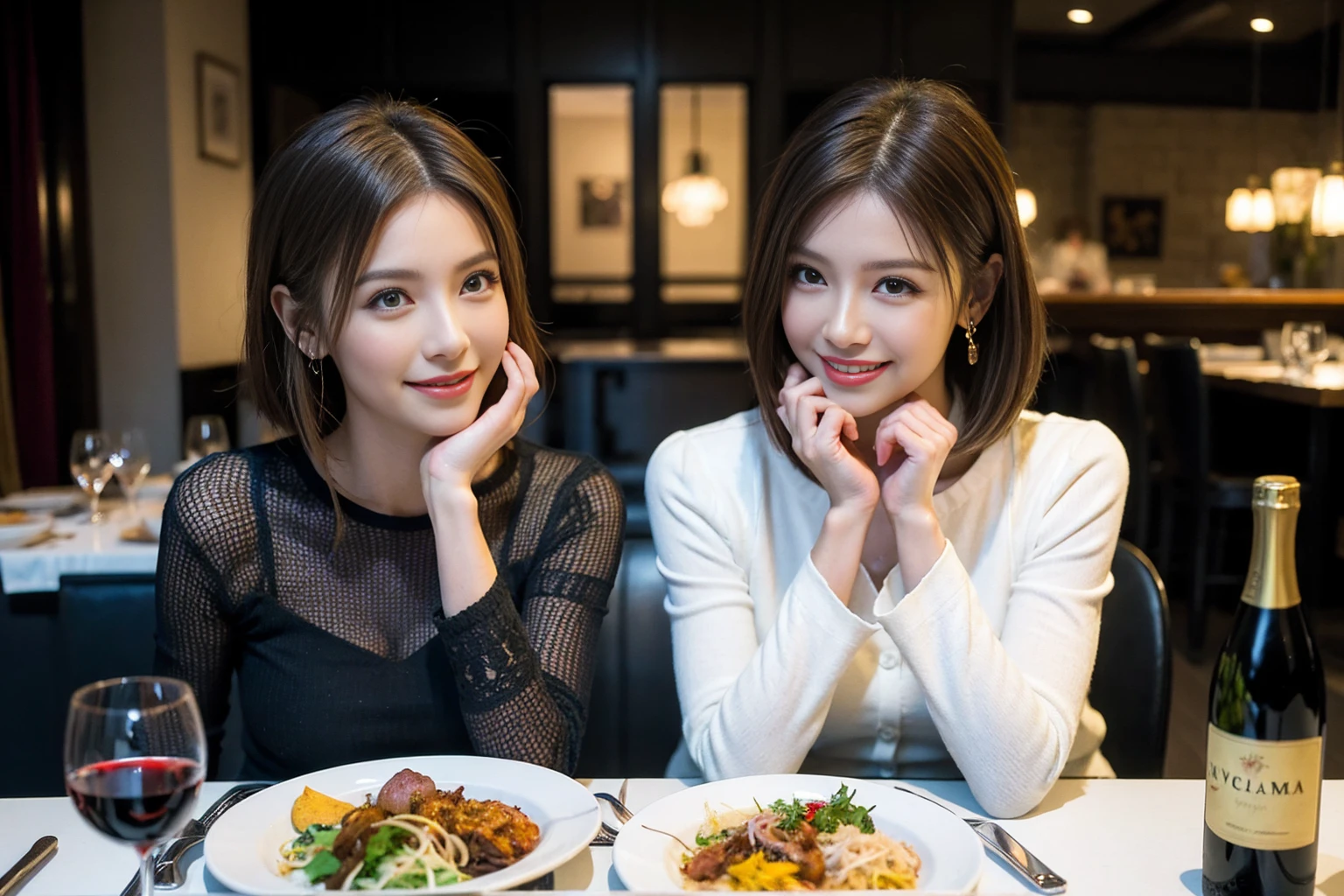 （Realistic:1.1）,(masterpiece,Highest quality)，8k,(49 years old), 53 years old, ベリーslimボディ、slimカップル、Tight waist,Upper Body,full-course dinner、wine 、Amazing view of the sunset sky and clouds、Perfect Anatomy, Brown Hair, short hair,Random Hairstyles,((Highly detailed face and eyes:1.2))，Perfect golden ratio face，Long sleeve shirt、dress,(smile:1.2)、Shortcuts、cute、(Realistic, Intricate details:1.2), A bright smile、short hair,Bright Face、赤wine 、Appetizers、Italian food、wine bottle、Champagne、スパークリングwine、(slimな顔), (The body is slim), (Brown Hair), (Shortcuts),  Upper Body, 白wine, slim, wineグラス, 