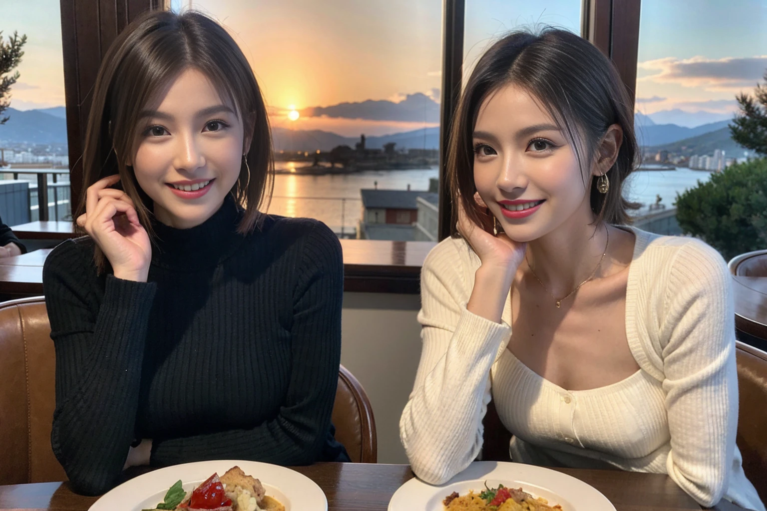 （Realistic:1.1）,(masterpiece,Highest quality)，8k,(49 years old), 53 years old, ベリーslimボディ、slimカップル、Tight waist,Upper Body,full-course dinner、wine 、Amazing view of the sunset sky and clouds、Perfect Anatomy, Brown Hair, short hair,Random Hairstyles,((Highly detailed face and eyes:1.2))，Perfect golden ratio face，Long sleeve shirt、dress,(smile:1.2)、Shortcuts、cute、(Realistic, Intricate details:1.2), A bright smile、short hair,Bright Face、赤wine 、Appetizers、Italian food、wine bottle、Champagne、スパークリングwine、(slimな顔), (The body is slim), (Brown Hair), (Shortcuts),  Upper Body, 白wine, slim, wineグラス, 