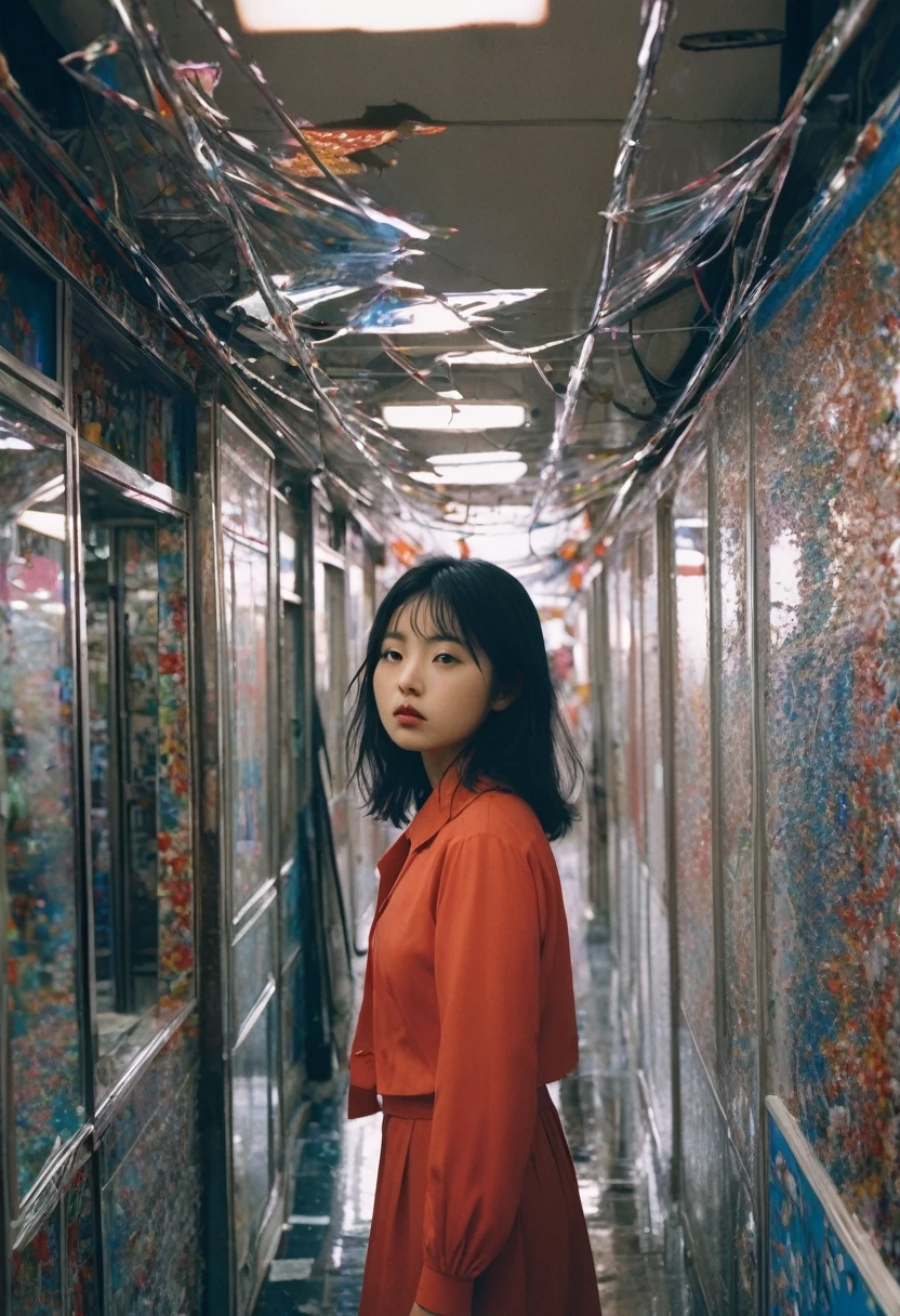 prompt: colour, A photo taken with a webcam, emulating the style of Fujifilm Neopan film, titled 'Amidst the Chaos of Reflections.' It features a beautiful Japanese woman, , embodying the Y2K fashion era. She appears lost in a chaotic, unordered space, symbolizing her deviation from a predetermined path. Yet, in this disarray, she discovers her true self. The image captures a moment of clarity and self-realization, with the chaos around her contrasting sharply with the serene expression on her face, suggesting a profound internal discovery amidst external turmoil. The scene is filled with reflections and intricate light patterns, adding to the complexity and depth of the composition. The depiction should be appropriate and respectful, showcasing the youthful innocence and the brink of self-discovery.