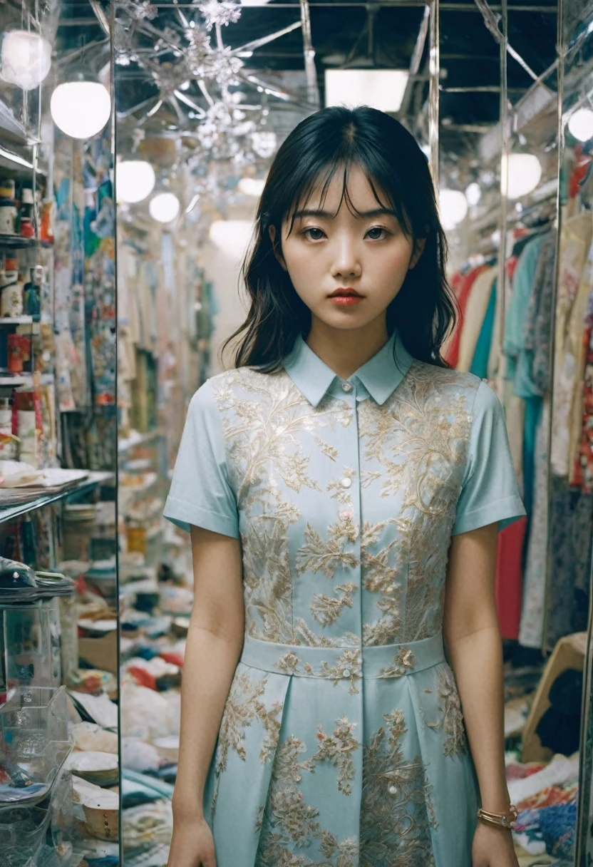 prompt: colour, A photo taken with a webcam, emulating the style of Fujifilm Neopan film, titled 'Amidst the Chaos of Reflections.' It features a beautiful Japanese woman, 17 years old, embodying the Y2K fashion era. She appears lost in a chaotic, unordered space, symbolizing her deviation from a predetermined path. Yet, in this disarray, she discovers her true self. The image captures a moment of clarity and self-realization, with the chaos around her contrasting sharply with the serene expression on her face, suggesting a profound internal discovery amidst external turmoil. The scene is filled with reflections and intricate light patterns, adding to the complexity and depth of the composition. The depiction should be appropriate and respectful, showcasing the youthful innocence and the brink of self-discovery.