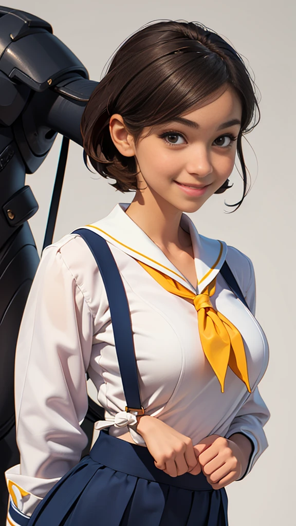 The following characters are recreated in a realistic Pixar style::Generated in 16 sizes。- **Head:**
  - Short brown hair, slightly tousled and layered.
  - Large, expressive brown eyes.
  - Light skin tone.
  - Smiling expression with a gentle and friendly demeanor.

- **Upper Body:**
  - Wearing a navy sailor-style  (seifuku).
  - The uniform has a yellow neckerchief tied at the front.
  - Long sleeves with white cuffs.

- **Lower Body:**
  - Matching navy pleated skirt, extending to just above the knees.

- **Pose:**
  - Standing with a relaxed posture.
  - Left hand raised and resting on the back of the head.
  - Right hand hanging down by her side.

- **Overall Appearance:**
  - Youthful and cheerful look, typical of a high school student.
  - The character appears friendly and approachable, with a casual and natural pose.

No background,Simple Background, Large Breasts, Navy sailor suit