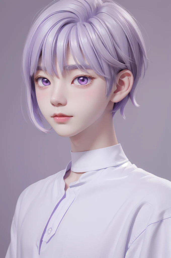 Best quality, cartoon_Portrait, 1 male, solo, male with short white-purple light pastel hair, looking at viewer, simple background, 1 white cat, gray eyes, closed mouth, long white shirt, lips, swept bangs, bedroom background, red lips