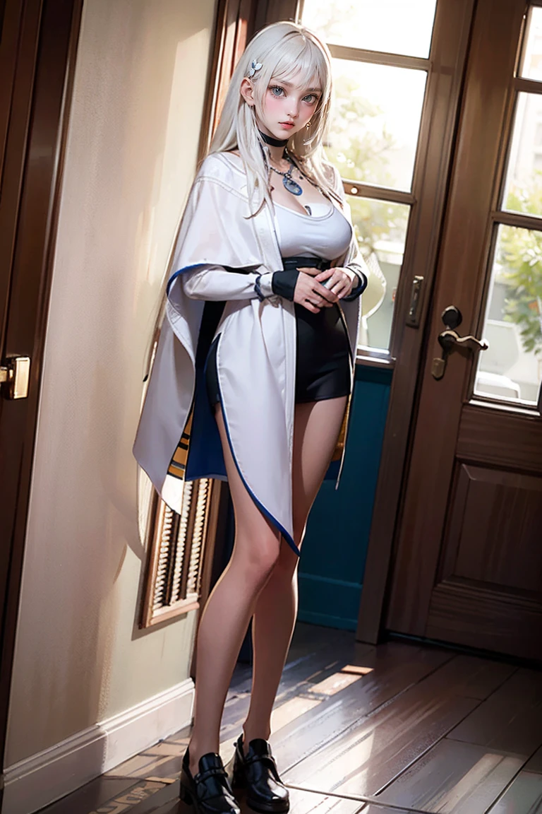 ((Woman with tattoo on chest)), girl, ((long white hair with bangs,,, Black strands of hair)), Purple eyes, White T-shirt and white cape, Pendant around the neck. 超High resolution.Realistic. 超High resolution.Realistic:1.4,超High resolution. Realistic，High resolutionで, masterpiece, Highest quality, Very detailed, Better Shadows, Volumetric lighting), super high quality, High resolution, 8k, 超Realisticな肖像画 , Realistic, Dynamic Lighting, Volumetric lighting, Very detailed顔,(Browsing Caution:1.0), Full Body Stand Posture, Thin legs, ((Large Breasts)), Detailed facial details, Natural and beautiful standing posture,