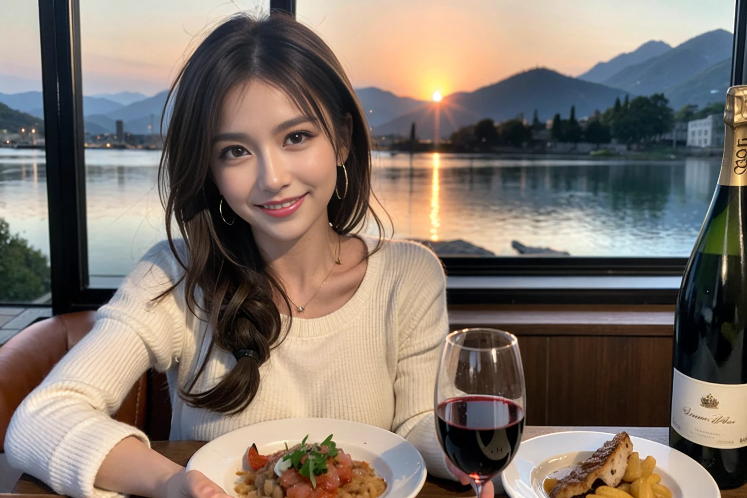 (Realistic:1.1),(masterpiece,Highest quality),8k,(49 years old), 53 years old, ベリーslimボディ、slimカップル、Tight waist,Upper Body,full-course dinner、wine 、Amazing view of the sunset sky and clouds、Perfect Anatomy, Brown Hair, short hair,Random Hairstyles,((Highly detailed face and eyes:1.2)),Perfect golden ratio face,Long sleeve shirt、dress,(smile:1.2)、Shortcuts、cute、(Realistic, Intricate details:1.2), A bright smile、short hair,Bright Face、赤wine 、Appetizers、Italian food、wine bottle、Champagne、スパークリングwine、(slimな顔), (The body is slim), (Brown Hair), (Shortcuts), Upper Body, 白wine, slim, wineグラス,