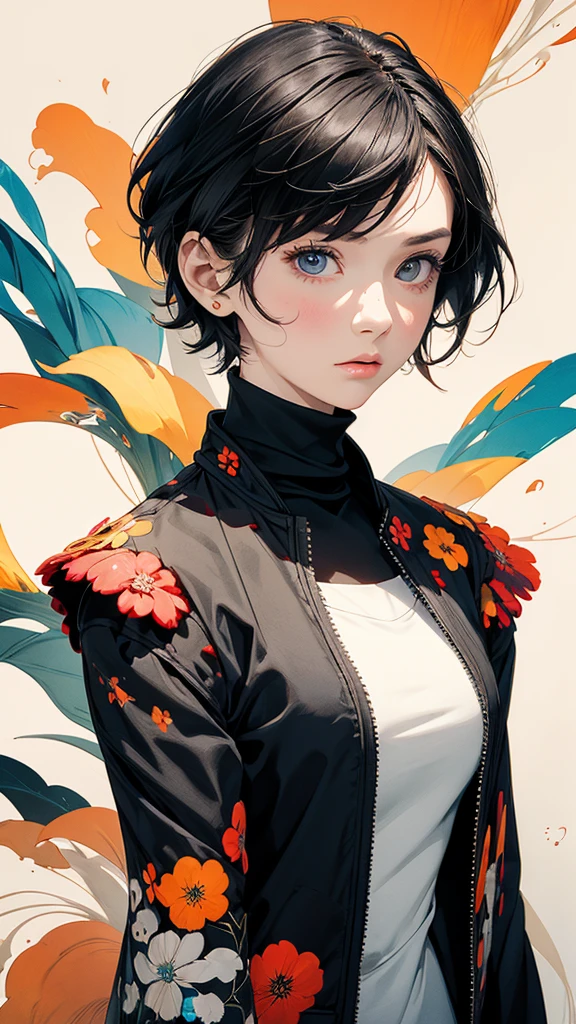 From above, Focus on the upper body, 20-year-old woman, Asymmetrical short hair, Turtleneck and jacket coordination, Petal Collage, abstract design, artistic juxtapositions, And handle background, warm color, mixed-media approach, Anime Style, Digital Painting, (masterpiece, High resolution, Highest quality)