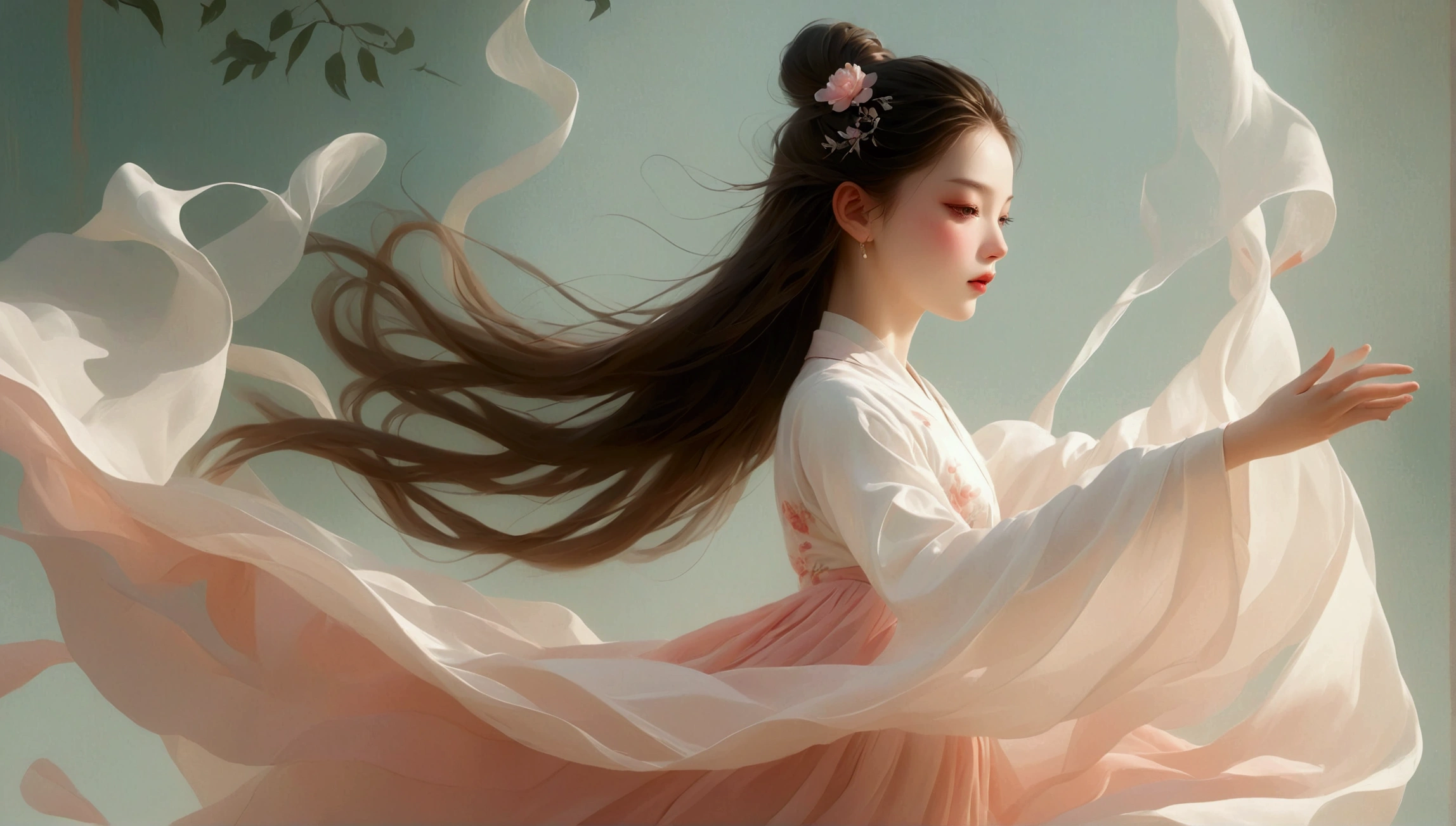 Beautiful dance photography；A little girl，Solitary；A little girl dancing；[Black Eyeball，confidence，High and cold，happy]；[Long skirt，Elegant，Long sleeve；Set，Light pink and white gradient，Traditional style，The skirt has no pattern，Long skirt下摆像花瓣，Connect with the background,]；[Full body panorama 1.5]，Character front；Composition：The character is on the right side of the screen；Long hair in the wind,advanced sense,Fashion, Dynamic photography, Loop video, Fascinating movement, captivating visuals, Seamless integration, Compelling storytelling, Vortex phenomenon, Angled form, Dynamic photography；Influence of modernism, nature, , modern Art, Astonishing, blur background, Art from (Alessio Albi:1.1), Soft lighting，Character front光, happy emotion, Simple style；Minimalism。Panoramic photography；Shallow depth of field, Extraordinary details, masterpiece, high quality, 4K，cinematic lighting, motion blur, depth of field, sparkle, ray tracing, reflection light, anatomically correct, uhd, textured skin, best quality, super detail, highres, high details, accurate, high quality, award winning。
