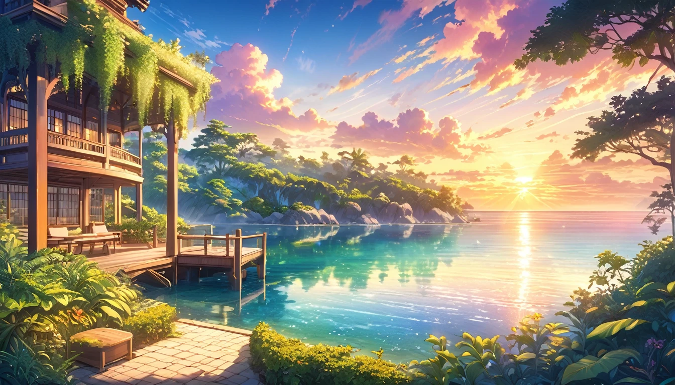 a beautiful sunset by the ocean, a serene park, gentle waves, breathtaking scenery, anime style, detailed clouds, vibrant colors, dramatic lighting, soft pastel tones, intricate foliage, peaceful atmosphere, picturesque landscape, golden hour lighting, reflections on the water, detailed foreground elements, atmospheric haze, vibrant gradient sky, lush greenery, detailed architecture, tranquil mood, cinematic composition, delicate details, ethereal ambiance