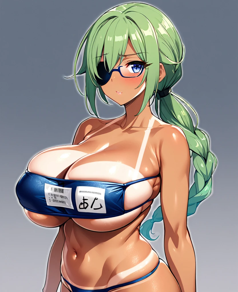 1 woman, braided ponytails, big breasts, (big breasts: 1.8), glasses, (face: no eyepatch), blue eyes, green hair, eyepatch bikini, (color: transparent), (size: micro bikini), thong underwear, (tan), tan lines, swimsuit lines, white, (school swimsuit lines), (tan lines: school swimsuit lines)