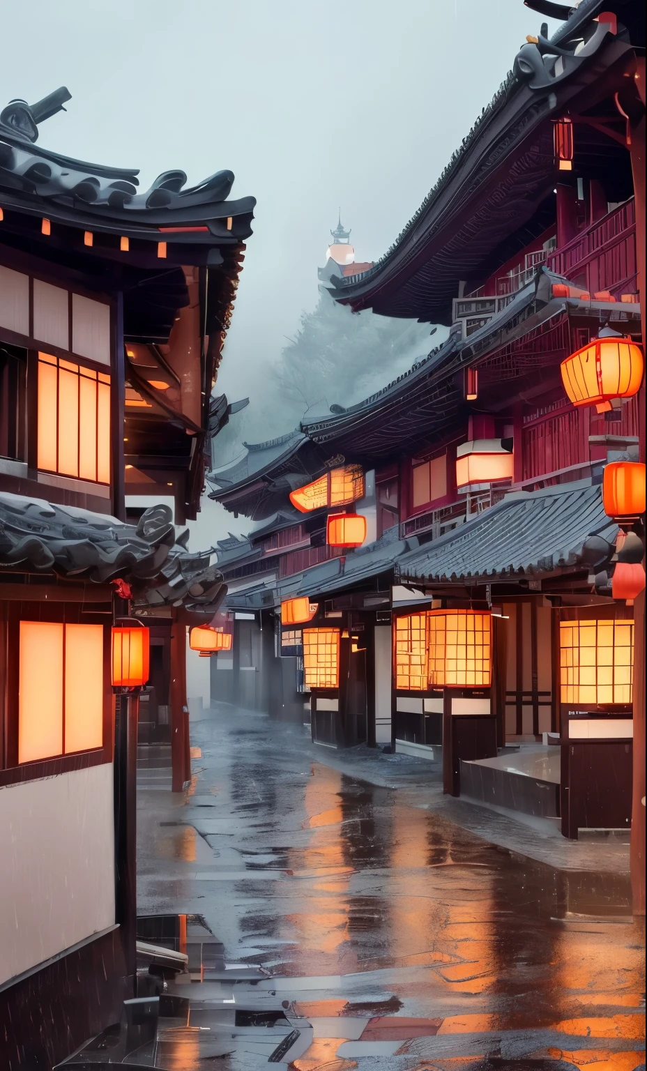 A view of the village with many lights on the buildings, Dreamy city in China, Chinese Village, Awesome Wallpapers, Japanese Street, Japanese Village, 超リアルな町のphotograph, Old Asian Village, Japanese cities, Raymond Han, Rainy night, Cyberpunk Chinese Ancient Castle, beautifully照らされた建物, Rainy Evening, beautifully、aesthetic, photograph, Cinematic, 8k, Detailed ((heavy rain)))