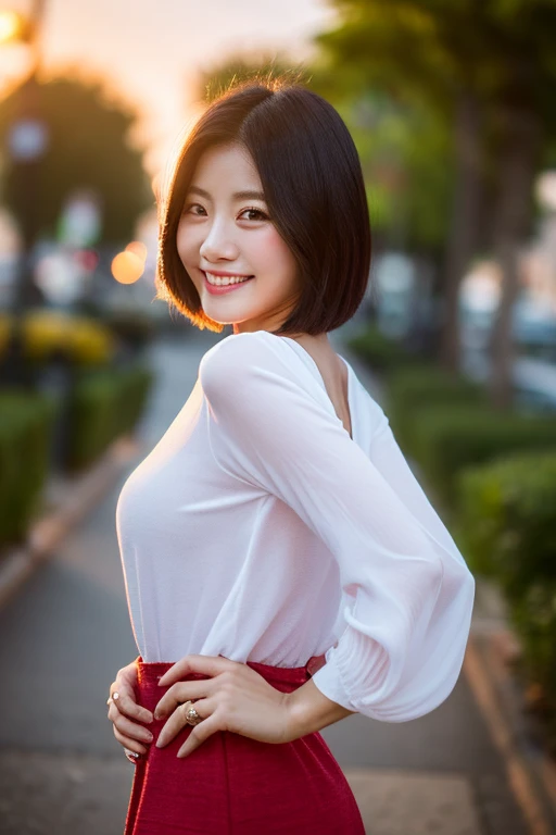 (detailed beautiful facial features, perfect face, perfect eyes, wet lips, short bob hair that reveals ears, Clear lines,highest quality, masterpiece, Vivid colours, ROMANTIC atmosphere,sunset、Canon Photo Crystal Clear ,(Realistically:1.2), (Red Casual Mini Skirt Dress)、Action pose、goddess figure, perfect body anatomy, hands on hip, rather huge breasts hidden under a tight blouse, full body photo, cheeky & seductive smile、cowboy shot, head to thigh, Glamour body type、Medium Short Hair, ponytail、tunnel, bokeh, SFW)