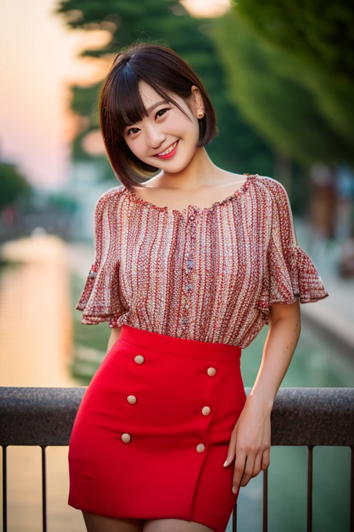 (detailed beautiful facial features, perfect face, perfect eyes, wet lips, short bob hair that reveals ears, Clear lines,highest quality, masterpiece, Vivid colours, ROMANTIC atmosphere,sunset、Canon Photo Crystal Clear ,（Realistically:1.2）, (Red Casual Mini Skirt Dress)、Action pose、goddess figure, perfect body anatomy, hands on hip, rather huge breasts hidden under a tight blouse, full body photo, cheeky & seductive smile、cowboy shot, head to thigh, Glamour body type、Medium Short Hair, ponytail、tunnel, bokeh, SFW)