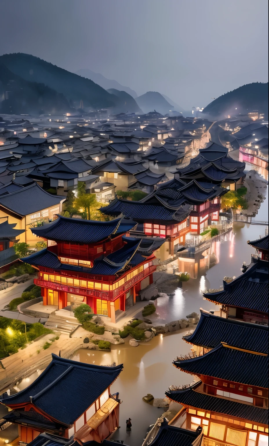 A view of the village with many lights on the buildings, Dreamy city in China, Chinese Village, Awesome Wallpapers, Japanese Street, Japanese Village, 超リアルな町のphotograph, Old Asian Village, Japanese cities, Raymond Han, Rainy night, Cyberpunk Chinese Ancient Castle, beautifully照らされた建物, Rainy Evening, beautifully、aesthetic, photograph, Cinematic, 8k, Detailed ((heavy rain)))