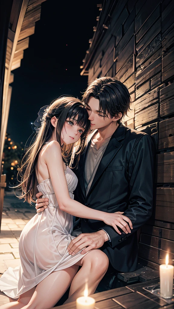 Bathed in the soft glow of moonlight, a couple is enveloped in a romantic embrace beneath the stars, their love palpable in the cool night air. The scene captures their intimate moment under the enchanting canopy of night, with their silhouettes against the darkened sky. Every detail is expertly rendered, from the gentle sway of their bodies to the subtle caress of their hands. The image exudes a sense of timeless romance, drawing viewers into their world of love and connection.