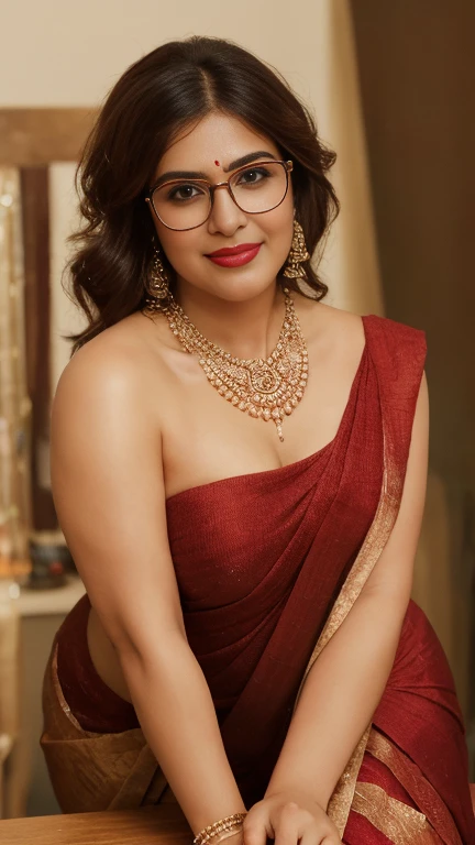 extreme close up photo of naked indian, big cheeks, hourglass figure, curvy, kneel down on all four on table in office, red lips, nerd glasses,big , necklace, sultry, only saree, no blouse,no bra,look at viewer and subtle smile, (cinematic:1.3), intricate details, (ArtStation:1.2)