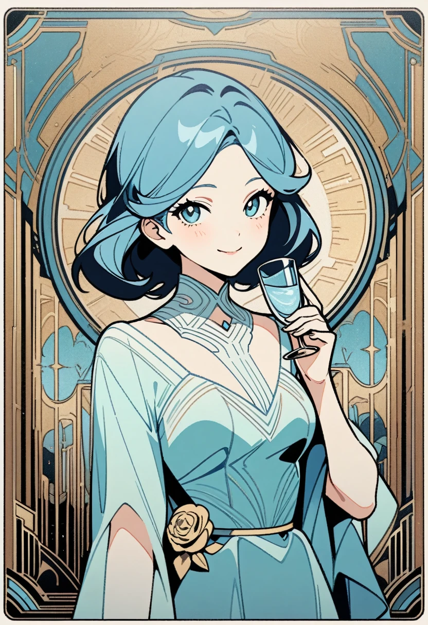 art deco, card, frames, vintage, art deco poster, high quality, female, belle, belle from zenless zone zero, zenless zone zero, dress, formal, holding glass, beautiful face, cute face, blue hair, smiling, upper body, masterpiece, detailed, line art, straight lines, clear art, great gatsby, flat art