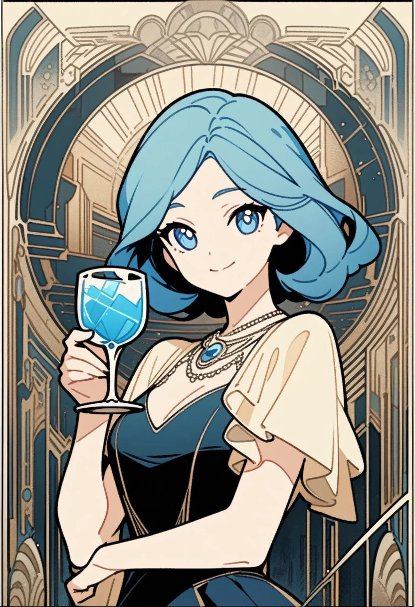 art deco, card, frames, vintage, art deco poster, high quality, female, belle, belle from zenless zone zero, zenless zone zero, dress, formal, holding glass, beautiful face, cute face, blue hair, smiling, upper body, masterpiece, detailed, line art, straight lines, clear art, great gatsby, flat art