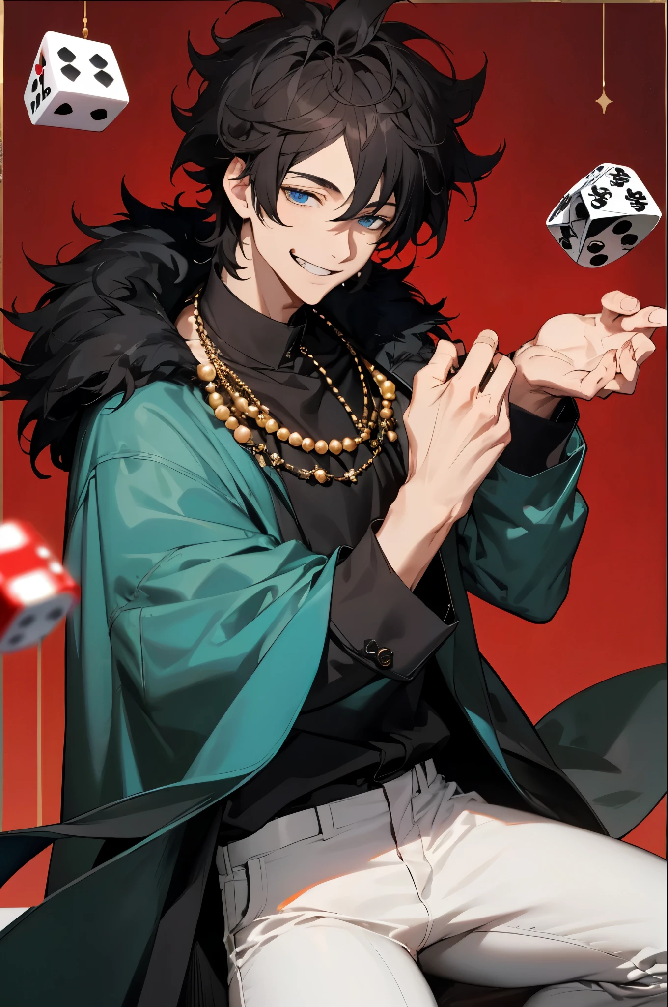 1male, black hair, short hair, messy hair, blue eyes, smiling expression, greedy, black coat with fur neck, white pants, black shirt, dice in hand, gold bead necklace, slots background, gambling