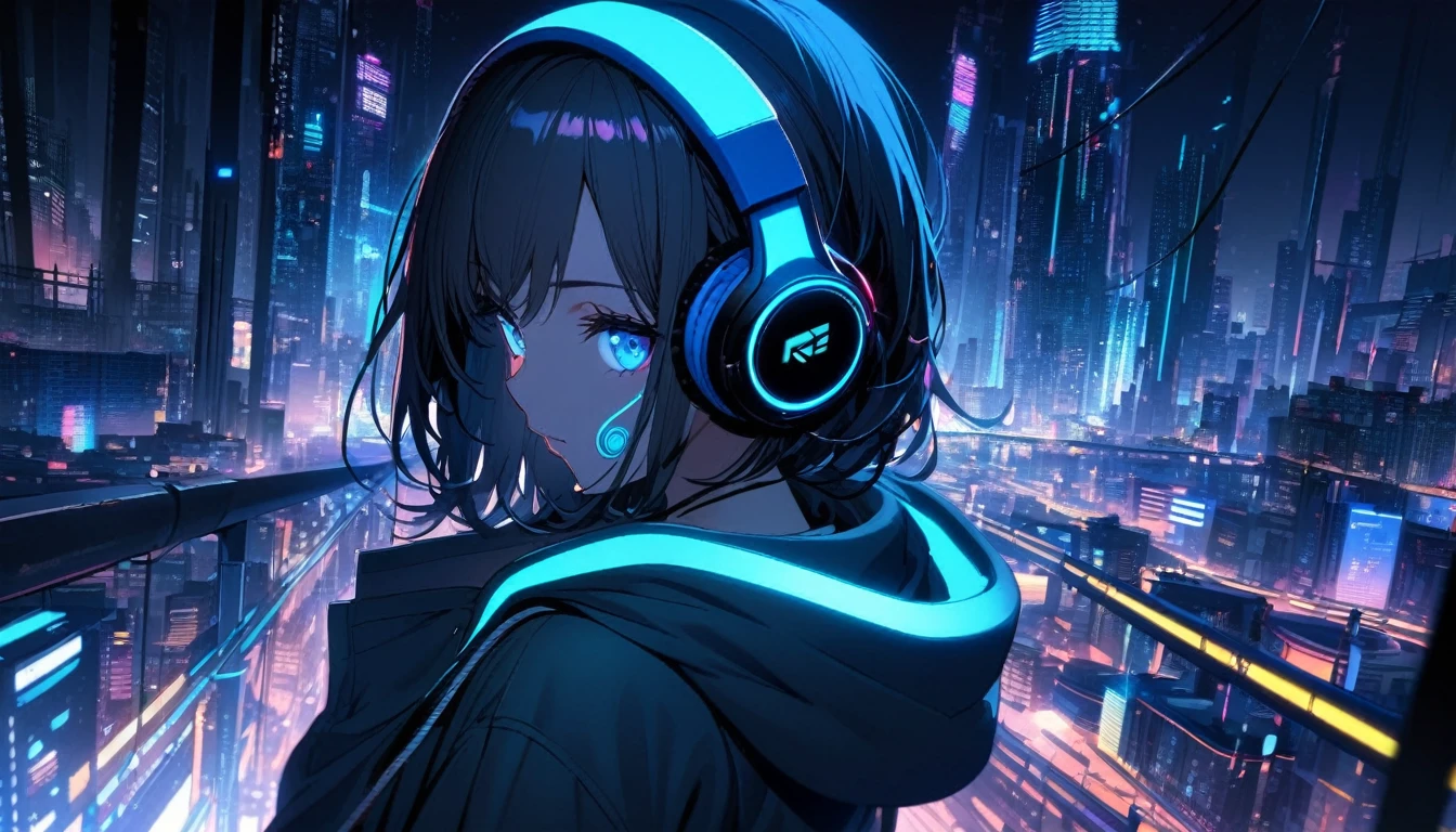  Super detailed,1 girl, alone, hoodie, Facial Contour, headphone, RGB lighting headphones, headphones with Blue lighting, headphone with cable, Blue lighting, city, night city