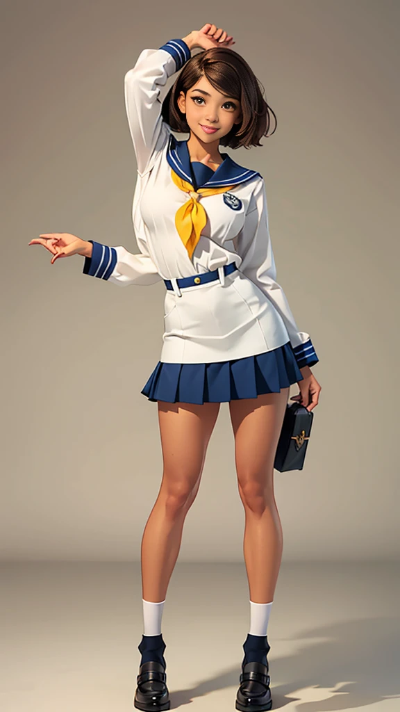 The following characters are recreated in a realistic Pixar style::Generated in 16 sizes。- **Head:**
- Short brown hair, slightly tousled and layered.
- Large, expressive brown eyes.
- Light skin tone.
- Smiling expression with a gentle and friendly demeanor.
- **Upper Body:**
- Wearing a navy sailor-style (seifuku).
- The uniform has a yellow neckerchief tied at the front.
- Long sleeves with white cuffs.
- **Lower Body:**
- Matching navy pleated skirt, extending to just above the knees.
- **Pose:**
- Standing with a relaxed posture.
- Left hand raised and resting on the back of the head.
- Right hand hanging down by her side.
- **Overall Appearance:**
- Youthful and cheerful look, typical of a high school student.
- The character appears friendly and approachable, with a casual and natural pose.
No background,Simple Background, Large Breasts, Navy sailor suit