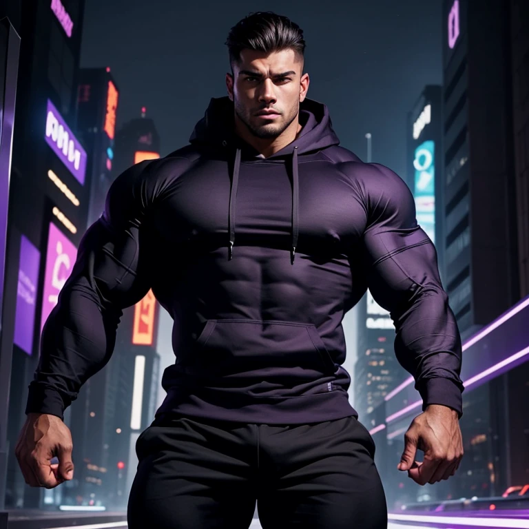 a very handsome young man, massively muscular, with massively large muscles, with massively large biceps, with massively large arms, wearing a simple black hoodie with long sleeves, in a futuristic city in purple and black colors