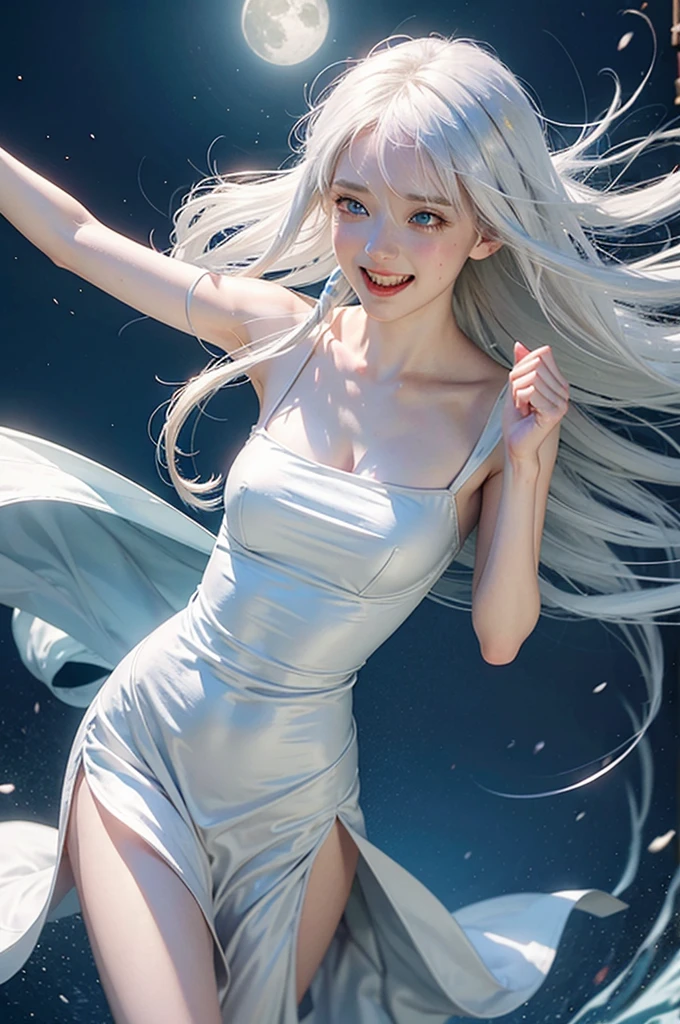 1girl, laughing, white hair, blue eyes,, Subtle narrative, festive atmosphere, atmospheric perspective, dynamic movement, ethereal quality,solo,low fantasy,Lively Brushwork, Striking Composition, Psychedelic Imagery,