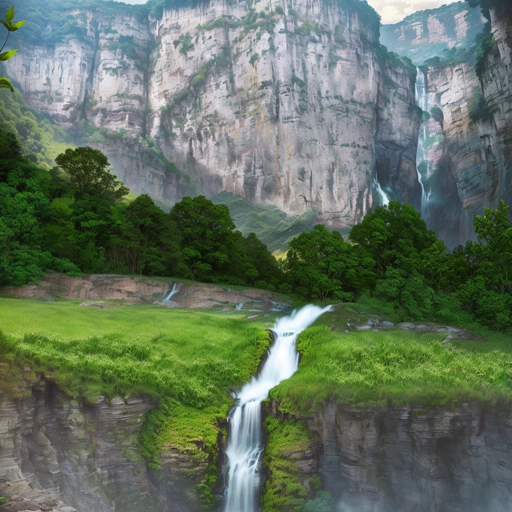 there is a waterfall flowing down a hill with a green field, waterfall in the background, waterfalls in the background, waterfall in distance, waterfall in background, waterfall backdrop, waterfall background, stunning nature in background, alien waterfall, photorealistic landscape, realistic fantasy render, waterfalls in distance, next to a waterfall, beautiful render of a landscape, avatar landscape, canyon background