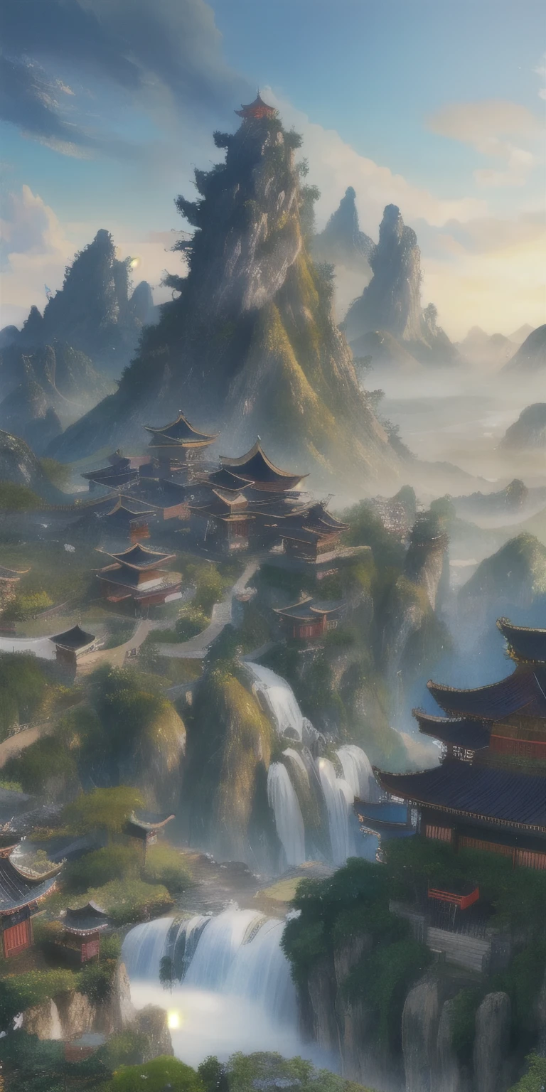2. Mountain view with a waterfall and a tower in the center, Landscapes painted by Han Kang, CG Association Competition Winner, Fantasy art, Dreamy city in China, Chinese landscape, Chinese Fantasy, Made of wood and fantasy valley, View of the ancient city, Order a striking fantasy landscape, Most Epic Landscapes, Tower on the Hill, Mountain jungle environment, Avatar Landscape, Chinese Village.