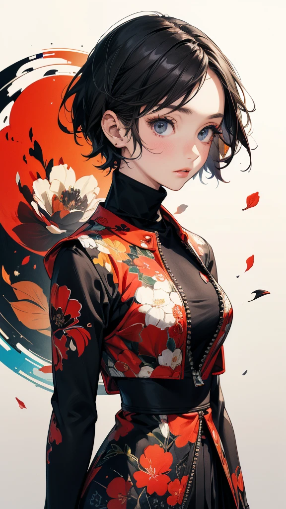 From above, Focus on the upper body, 20-year-old woman, Asymmetrical short hair, Turtleneck and jacket coordination, Petal Collage, abstract design, artistic juxtapositions, And handle background, warm color, mixed-media approach, Anime Style, Digital Painting, (masterpiece, High resolution, Highest quality)