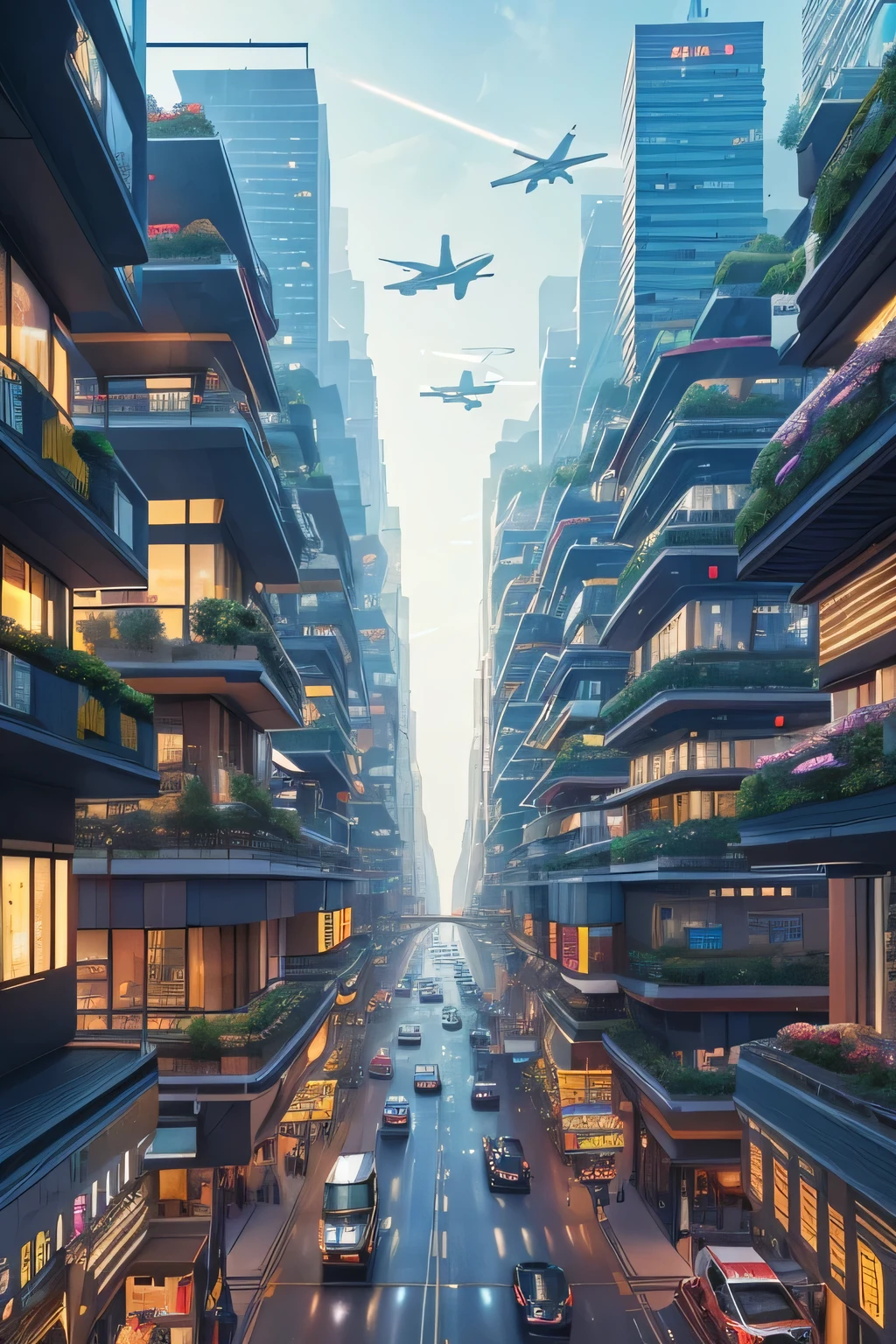 (Future City:1.2), (Shambhala City), High-level architecture, Busy Street, vertical garden, High-tech skyscrapers, Future Transportation Systems, Flying vehicles, Floating Platform, Technology-driven society, Neon Light, Holographic Display, Vibrant atmosphere, Vibrant colors, Sleek design, Glass facade, Bustling market, Advanced AI system, Clean Energy Sources, Sustainable Infrastructure, Efficient public transport, Elevated walkway, aerial photograph, Vast Skyline, Innovative urban planning, A seamless integration of nature and technology, Architectural wonders, Smart City Technology, Automation Services, Cutting-edge advancements, Harmonious coexistence of humans and machines, Utopian Vision.