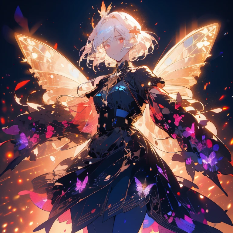 a beautiful (1girl) with colorful butterfly wings, white hair, detailed face, red eyes,intricate butterfly wings,detailed wing patterns,detailed clothing,colorful butterfly wings,cinematic lighting,golden light particle, best detailed,masterpiece,ultra detailed, best shadow, delicate, elegant, majestic, action pose, posed, posture, best angle(dynamic angle,detailed background, fantasy), (handsome detailed face), high contrast, (best illumination, an extremely delicate and beautiful), ((cinematic light)), colorful, hyper detail, dramatic light, intricate details, butterfly circle, magic crystals, rainbow, Fantastic fairy, Unique type, Sharp detail line, Double beauty, open gate,