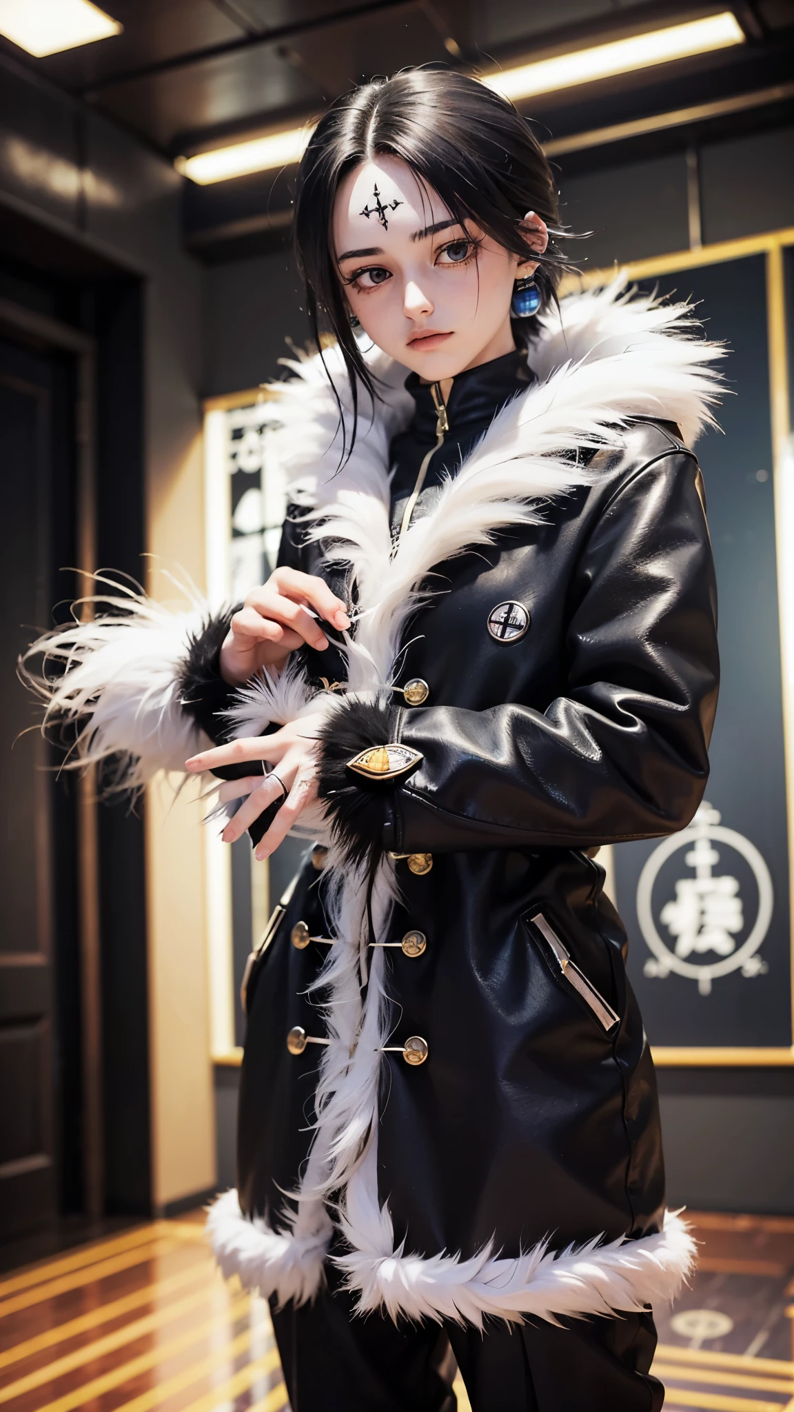 RAW Photos、((((Extreme beauty)))、Upper Body、HUNTER×HUNTER Chrollo=Lucilfer)、ung person、Staring at the audience、Fur trim、Black long coat、Open Court、Long sleeve、Black trousers、Bold Pose、Simple Background、all back、