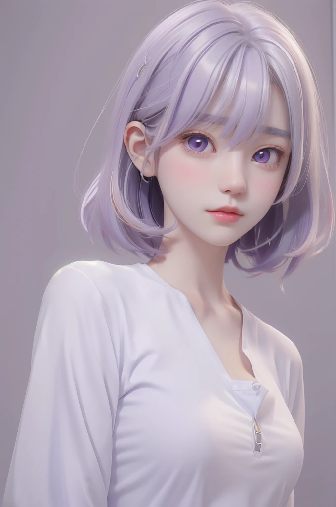 Best quality, cartoon_Portrait, 1 female, solo, male with short white-purple light pastel hair, looking at viewer, simple background, 1 white cat, gray eyes, closed mouth, long white shirt, lips, swept bangs, bedroom background, red lips