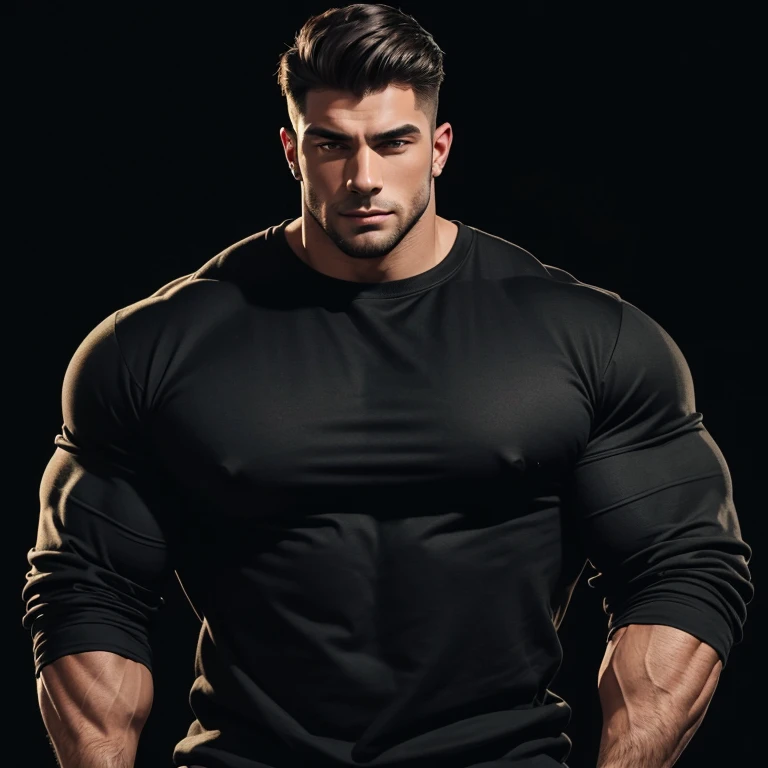 a very handsome young man, massively muscular, with massively large muscles, with massively large biceps, with massively large arms, wearing a simple black sweatshirt with long sleeves, on a black background