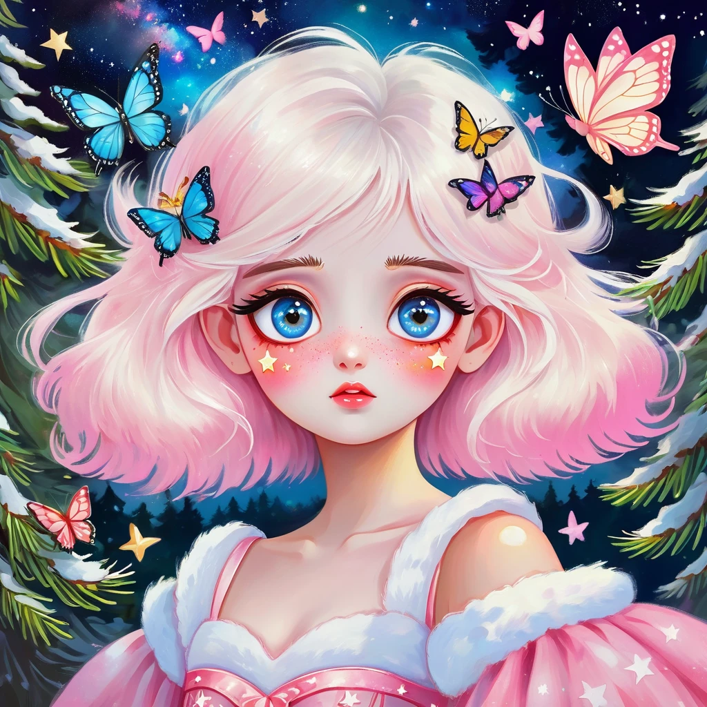 Collage oil painting:Girl Portrait,Eye details,Big eyes with stars in them,White fluffy hair,There is a pine tree on my shoulders,Princess dress,Butterflies in the sky,Luminescence,Soft pink
