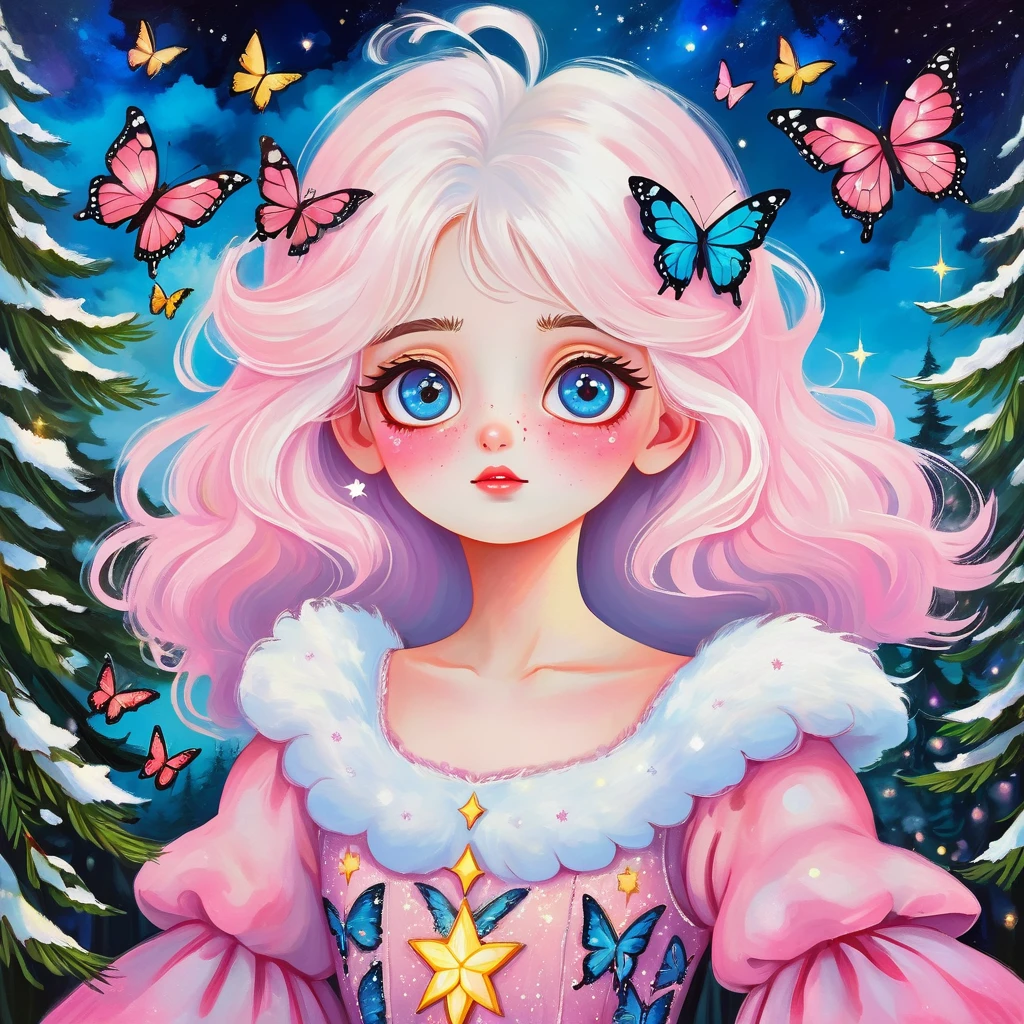 Collage oil painting:Girl Portrait,Eye details,Big eyes with stars in them,White fluffy hair,There is a pine tree on my shoulders,Princess dress,Butterflies in the sky,Luminescence,Soft pink