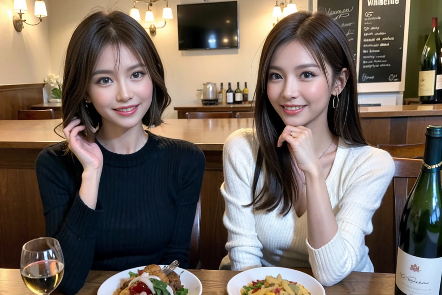 (Realistic:1.1),(masterpiece,Highest quality),8k,(49 years old), 53 years old, ベリーslimボディ、slimカップル、Tight waist,Upper Body,full-course dinner、wine 、Amazing view of the sunset sky and clouds、Perfect Anatomy, Brown Hair, short hair,Random Hairstyles,((Highly detailed face and eyes:1.2)),Perfect golden ratio face,Long sleeve shirt、dress,(smile:1.2)、Shortcuts、cute、(Realistic, Intricate details:1.2), A bright smile、short hair,Bright Face、赤wine 、Appetizers、Italian food、wine bottle、Champagne、スパークリングwine、(slimな顔), (The body is slim), (Brown Hair), (Shortcuts), Upper Body, 白wine, slim, wineグラス,
