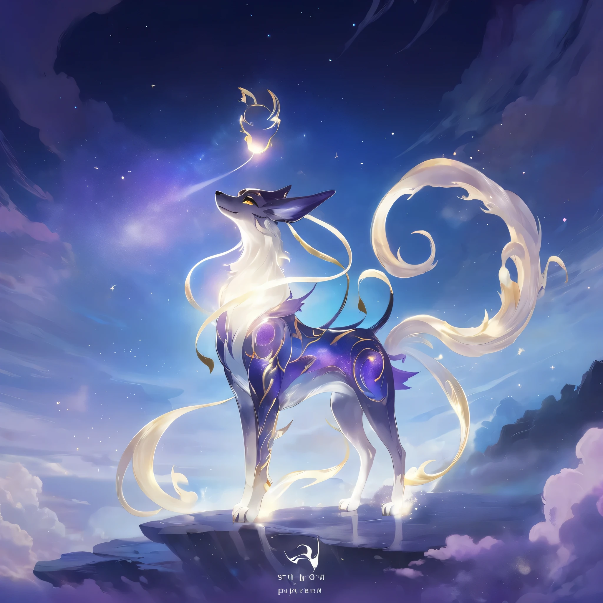 A celestial Pokémon design with an elegant dog-like body, long tail and ears, glowing golden eyes, and the silhouette of another creature floating above its head. The background is deep blue sky with swirling white clouds, and there's an ethereal glow around it. It has purple highlights on scales and gold accents. In Artgerm style, with detailed brushwork and vibrant colors.