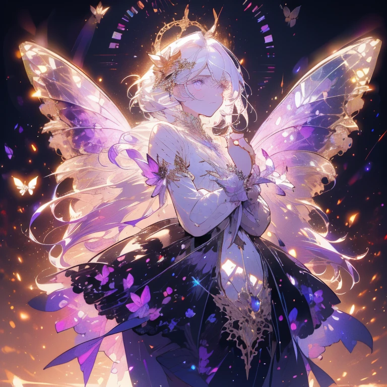 a beautiful (1girl) with colorful butterfly wings, white hair, detailed face, purple eyes,intricate butterfly wings,detailed wing patterns,detailed clothing,colorful butterfly wings,cinematic lighting,golden light particle, best detailed,masterpiece,ultra detailed, best shadow, delicate, elegant, majestic, action pose, posed, posture, best angle(dynamic angle,detailed background, fantasy), (handsome detailed face), high contrast, (best illumination, an extremely delicate and beautiful), ((cinematic light)), colorful, hyper detail, dramatic light, intricate details, butterfly circle, magic crystals, rainbow, Fantastic fairy, Unique type, Sharp detail line, Double beauty, open gate,