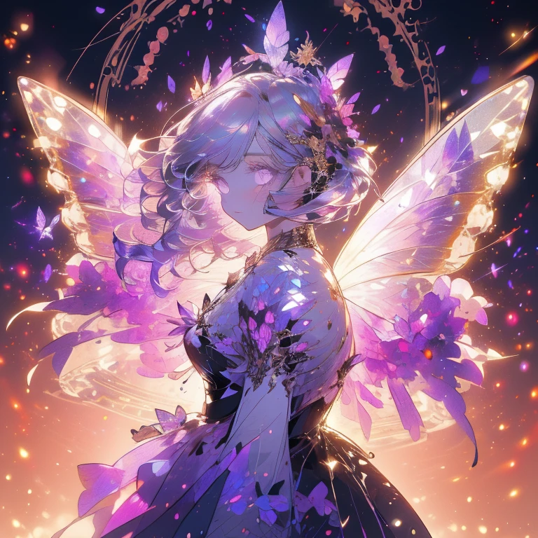 a beautiful (1girl) with colorful butterfly wings, white hair, detailed face, purple eyes,intricate butterfly wings,detailed wing patterns,detailed clothing,colorful butterfly wings,cinematic lighting,golden light particle, best detailed,masterpiece,ultra detailed, best shadow, delicate, elegant, majestic, action pose, posed, posture, best angle(dynamic angle,detailed background, fantasy), (handsome detailed face), high contrast, (best illumination, an extremely delicate and beautiful), ((cinematic light)), colorful, hyper detail, dramatic light, intricate details, butterfly circle, magic crystals, rainbow, Fantastic fairy, Unique type, Sharp detail line, Double beauty, open gate,
