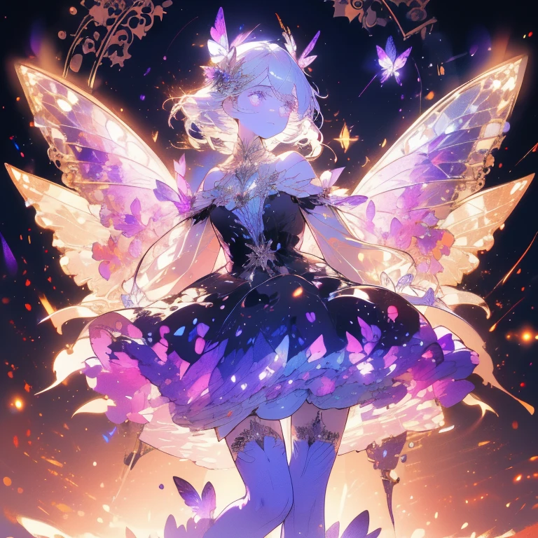 a beautiful (1girl) with colorful butterfly wings, white hair, detailed face, purple eyes,intricate butterfly wings,detailed wing patterns,detailed clothing,colorful butterfly wings,cinematic lighting,golden light particle, best detailed,masterpiece,ultra detailed, best shadow, delicate, elegant, majestic, action pose, posed, posture, best angle(dynamic angle,detailed background, fantasy), (handsome detailed face), high contrast, (best illumination, an extremely delicate and beautiful), ((cinematic light)), colorful, hyper detail, dramatic light, intricate details, butterfly circle, magic crystals, rainbow, Fantastic fairy, Unique type, Sharp detail line, Double beauty, open gate,