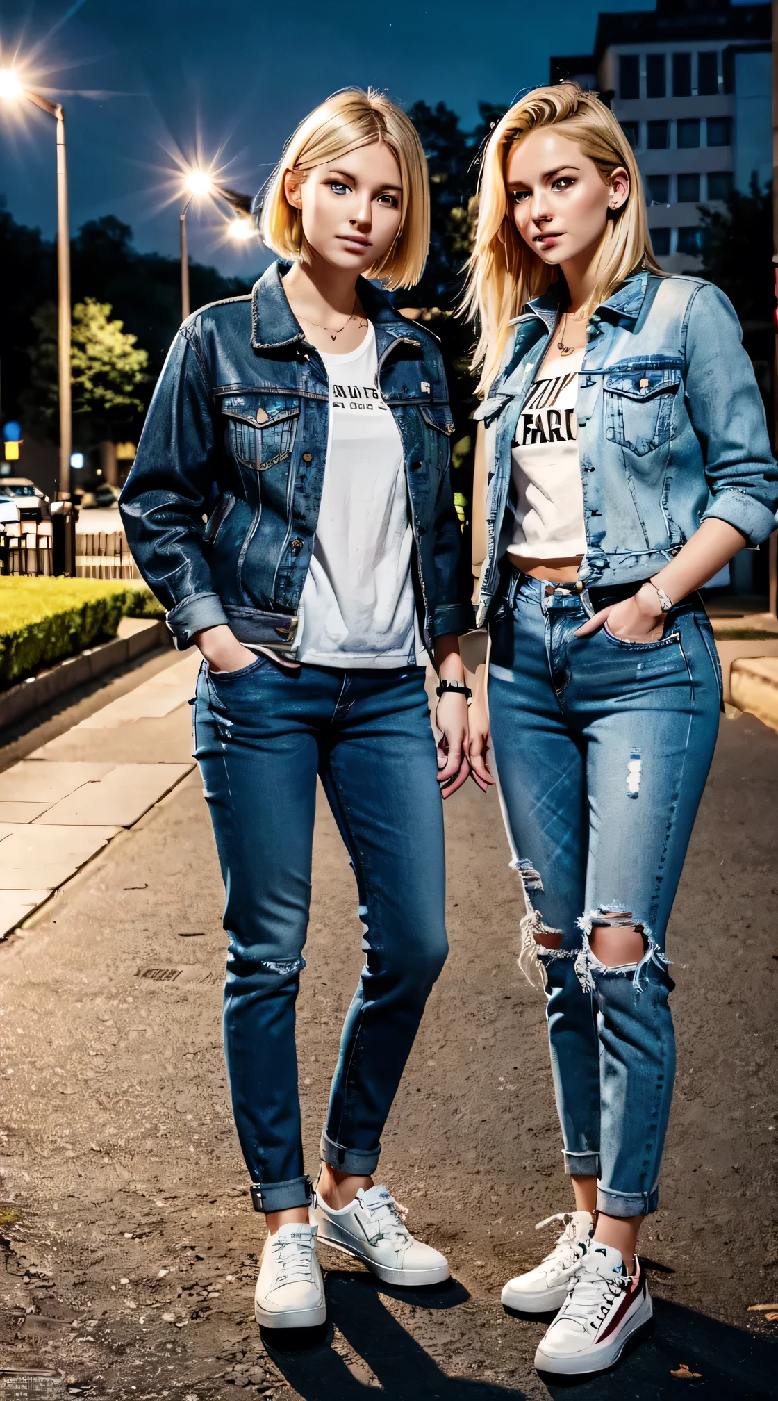 Breathtakingly realistic, Highest quality, ,、(Full body photo)、 Two German girls standing,Blonde Hair,、blue eyes、Short Haircut、Ear piercing、,smile、Jeans jacket,Skinny jeans,sneakers、Background is a park at night