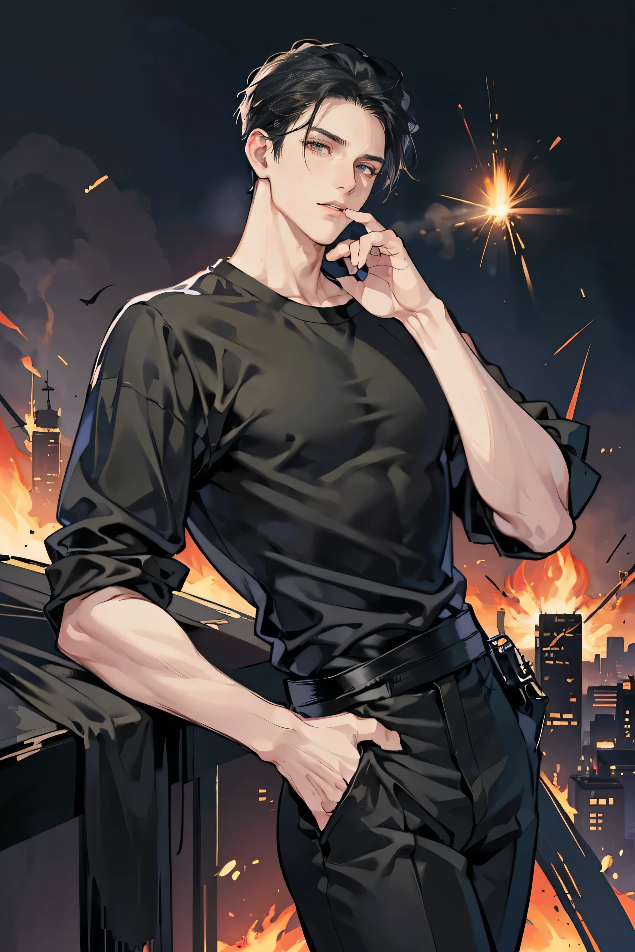 Anime - (work of art), best qualityer, Eyes seductive, mature face, eyes black, medium length black haircut slicked back, plain black t-shirt, black pants, Tall man, Legs long, masculine, Huge body, grown-up, whole body, hands on hips, Menino wants to, the background is a city on fire and exploding
