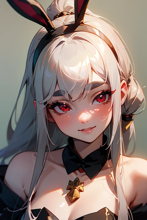 ((Bunny girl)).(Highest quality, masterpiece:1.2), High resolution, 最高masterpiece、Very detailed, Realistic:1.37, Fantasy, An illustration,Gray Hair、 Red eyes、Queen, beautifully、Eyeshadow Red、Thick eyebrows、Long eyelashes、pupils are black、shiny on the lips、Top Sites、Queen、Princess、A kind smile、Show your teeth a little and smile、Soft impression、people々々々々々々々々々Loved by、Slimming the face、Shoulder Bare、ponytail、Kissing Face、Long white hair、Shaggy Bangs、Save face image、Cinderella Castle、(solo).(Looking up)、((Bunny girl)).